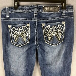 Premiere‎ by Rue 21 Blue Jeans Low Rise Skinny Bootcut Juniors Sz 7/8 Embroidery
